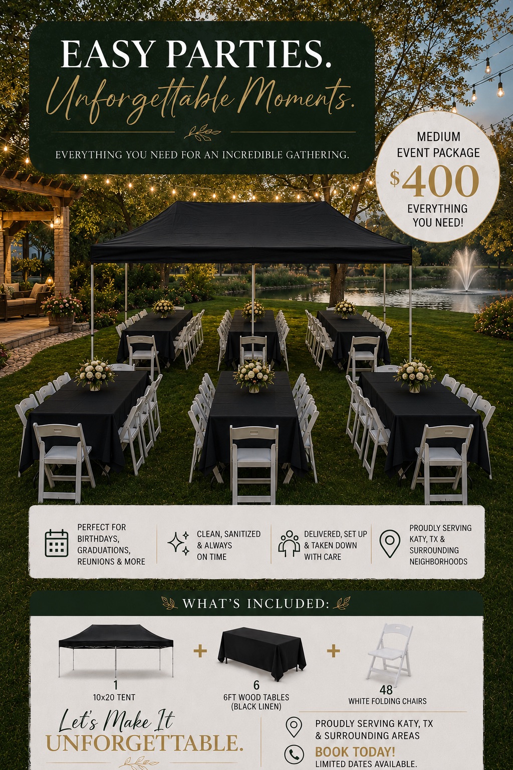 Elyson Events tent, tables and chairs event package ad