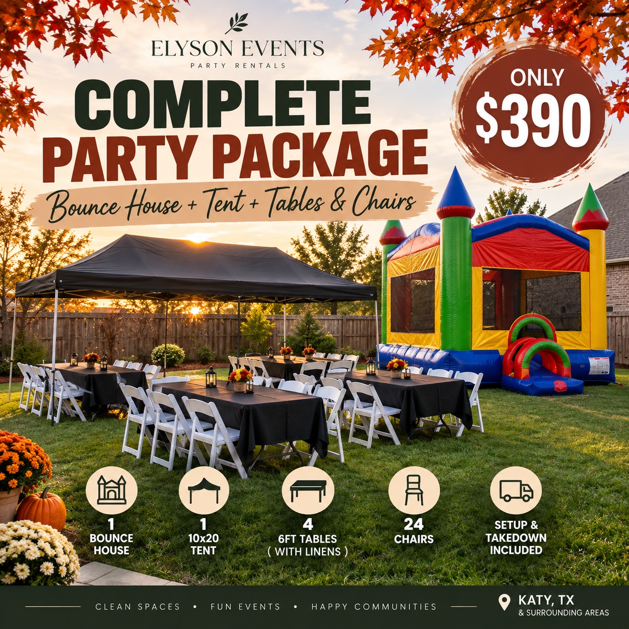 Elyson Events bounce house, tent, tables and chairs package ad