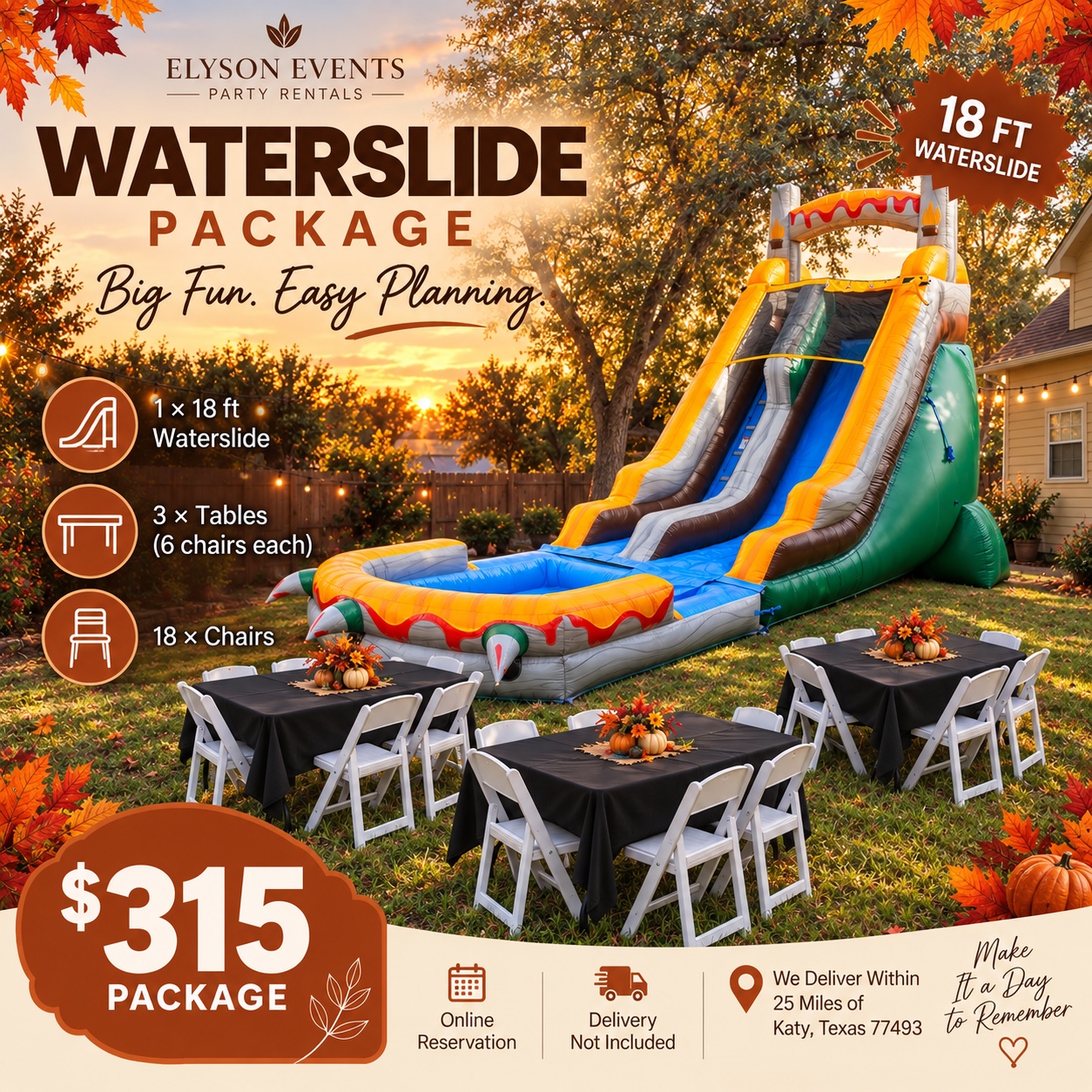 Elyson Events $315 18 ft Dinosaur waterslide party package with three tables and 18 chairs